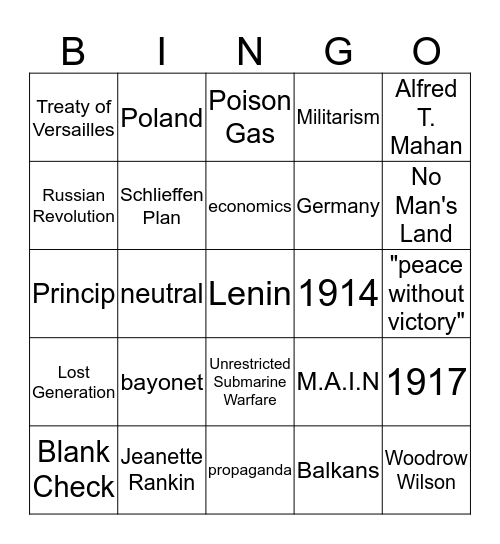WWI Card 1 Bingo Card