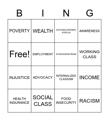 Social Class Bingo Card