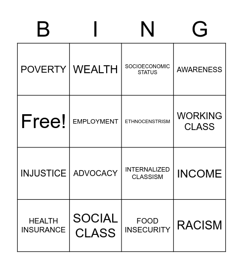 Social Class Bingo Card