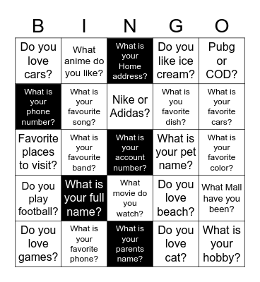 Friends or Foe Bingo Card