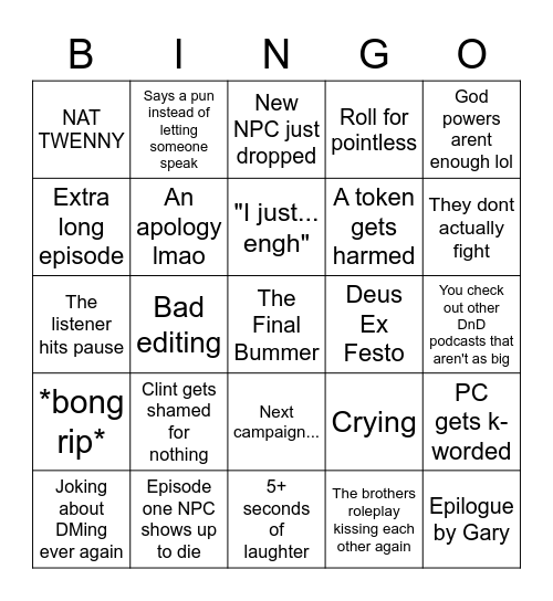 TAZ BINGUS Bingo Card