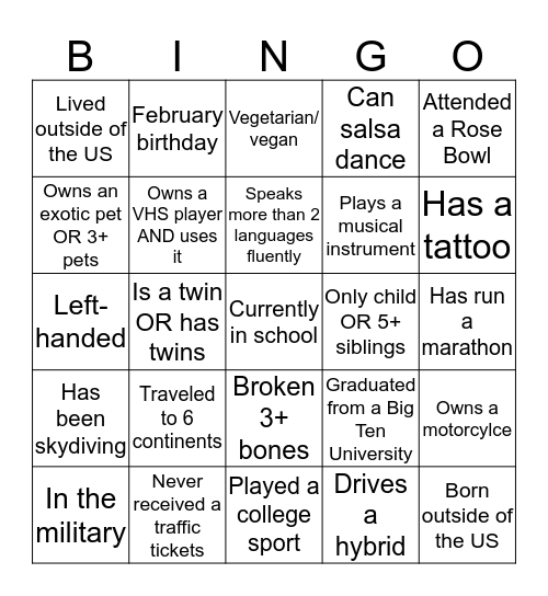 Big10 on the Trolley Bingo Card