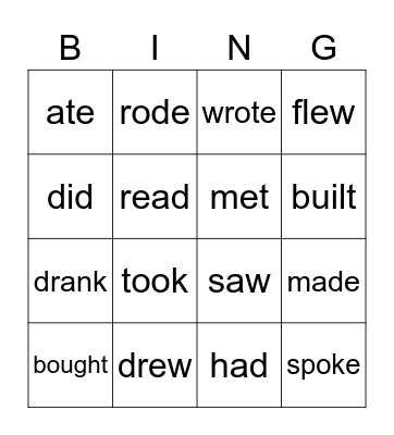 Irregular verbs past tense Bingo Card