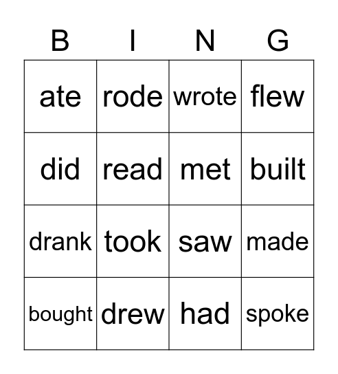 Irregular verbs past tense Bingo Card