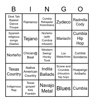 Musical Genres of the Southwest Bingo Card