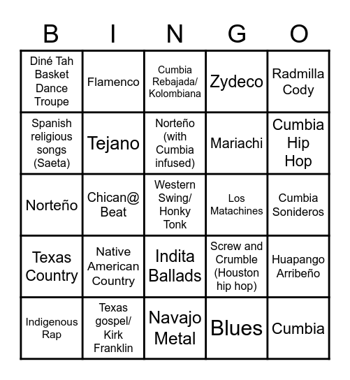 Musical Genres of the Southwest Bingo Card