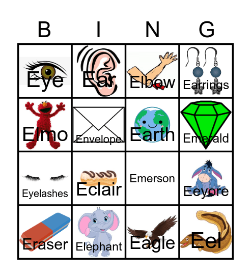 Letter E Bingo Card