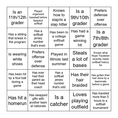 Softball - Find Someone Who Bingo Card