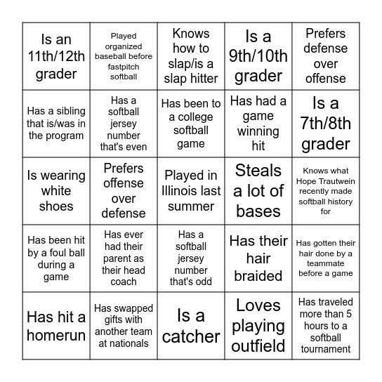 Softball - Find Someone Who Bingo Card