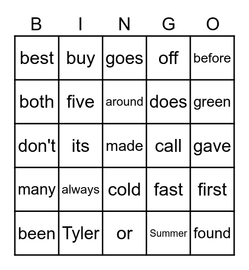 WORD BINGO Card