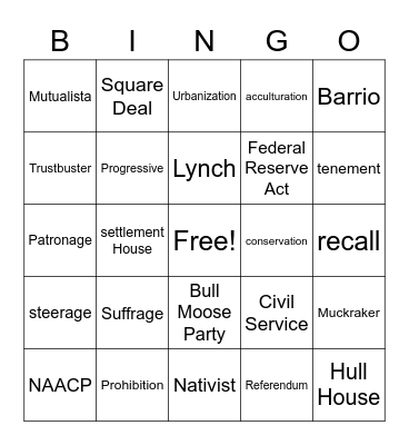 8th grade Progressive Era Bingo Card