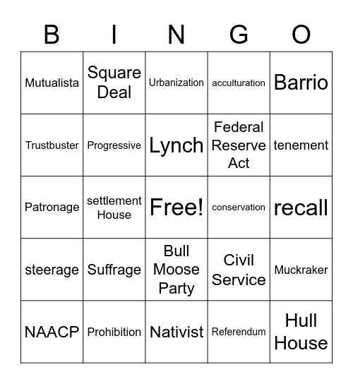 8th grade Progressive Era Bingo Card