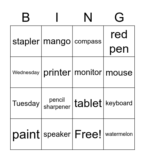 Unit one Bingo Card