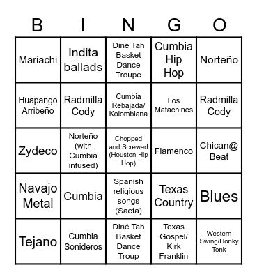 Musical Genres of the Southwest Bingo Card