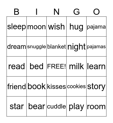 Pajama Night Bingo Card