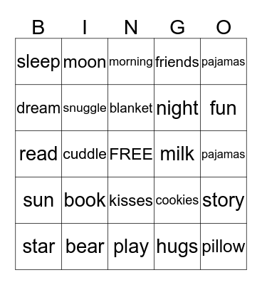 Pajama  Night Bingo Card