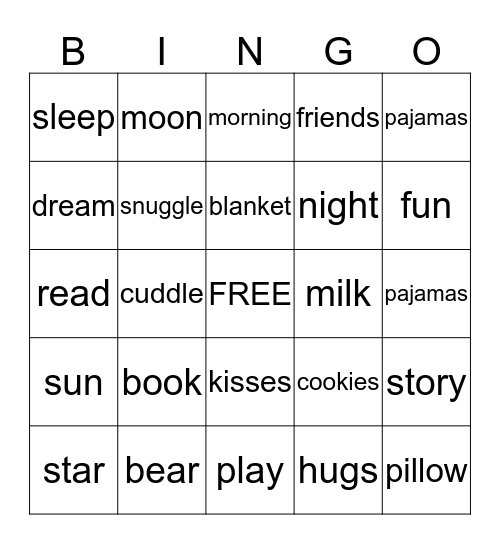 Pajama  Night Bingo Card