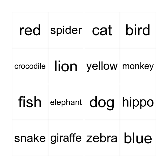 Animal Bingo Card