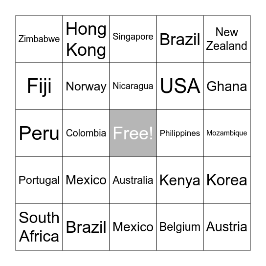 International Conference Bingo Card