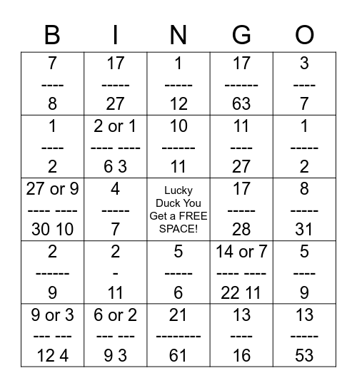 Fraction Addition Bingo  Bingo Card