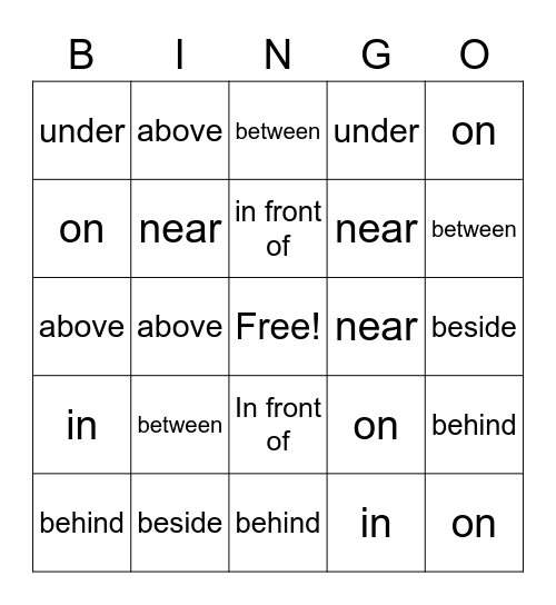 prepositions of place Bingo Card