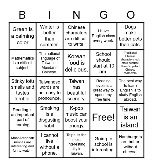 Grade 6 Speaking Class Bingo Card