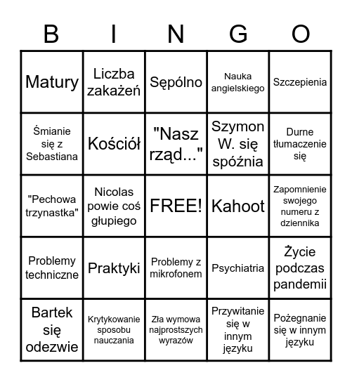Bingo na angielski Bingo Card