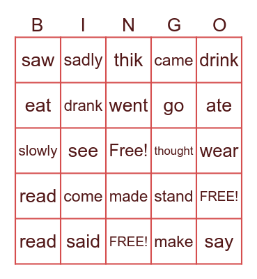 Unit 7 Irregular verbs Bingo Card