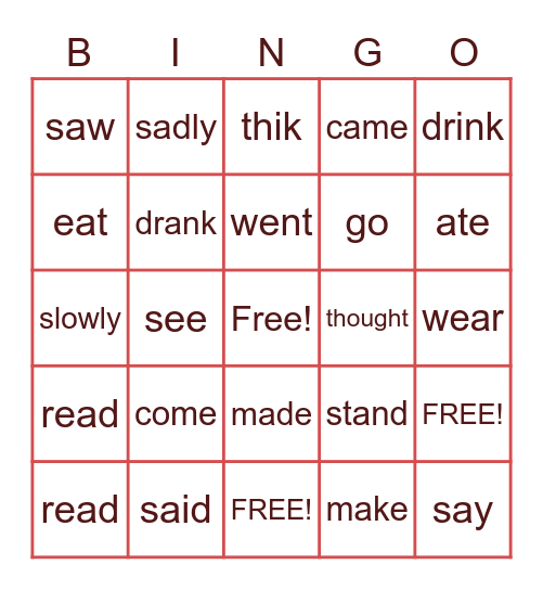 Unit 7 Irregular verbs Bingo Card