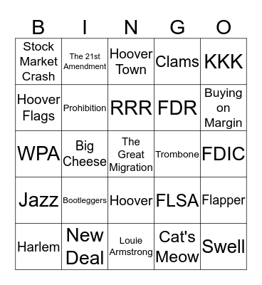The Great Depression and The New Deal Bingo Card