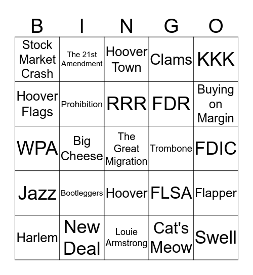 The Great Depression and The New Deal Bingo Card
