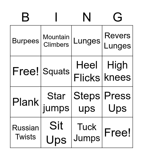 Fitness Bingo Card