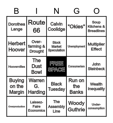 THE GREAT DEPRESSION Bingo Card