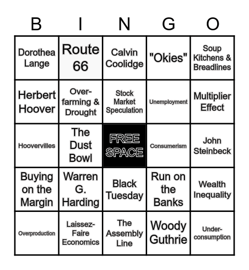 THE GREAT DEPRESSION Bingo Card