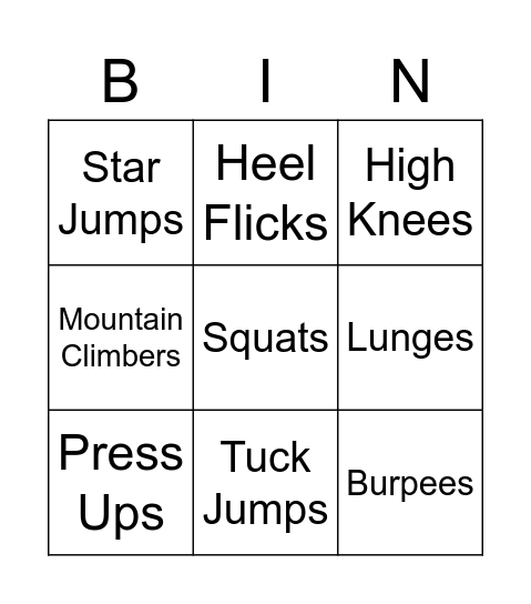 Fitness Bingo Card