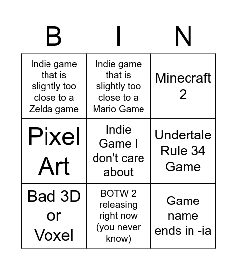 Nintendo Indie World Bingo Card