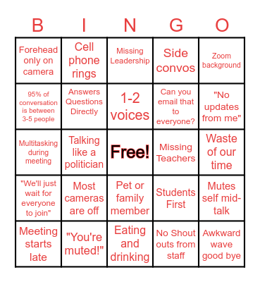 Zoom Staff Meeting Bingo Card
