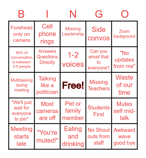 Zoom Staff Meeting Bingo Card