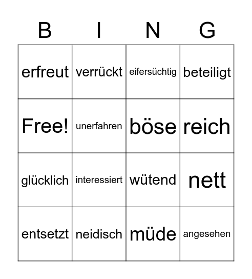 Adjektive mit Präpositionen Bingo Card