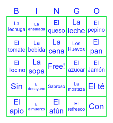 La comida Bingo Card