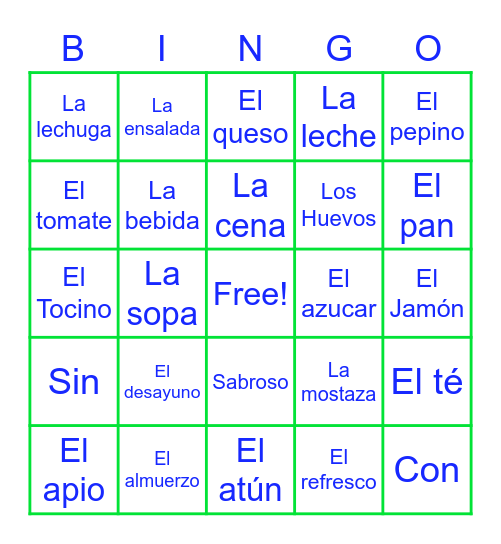 La comida Bingo Card