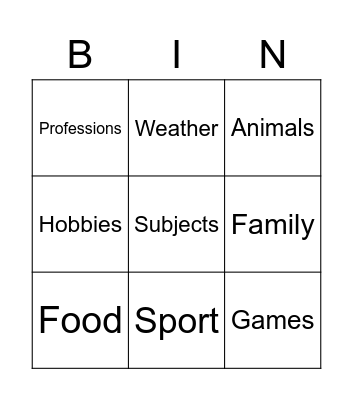 topics Bingo Card