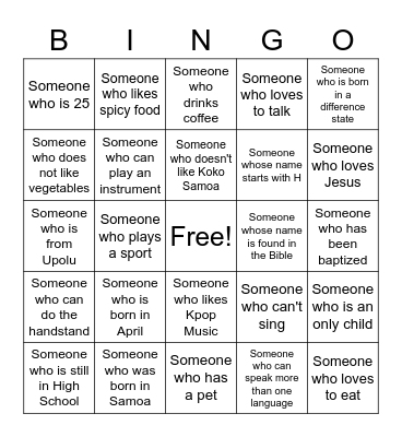 Getting to Know You Bingo Card