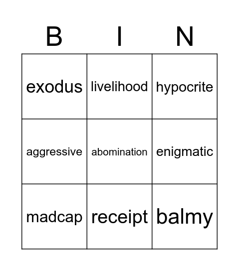 Week 5 Vocab Bingo Card