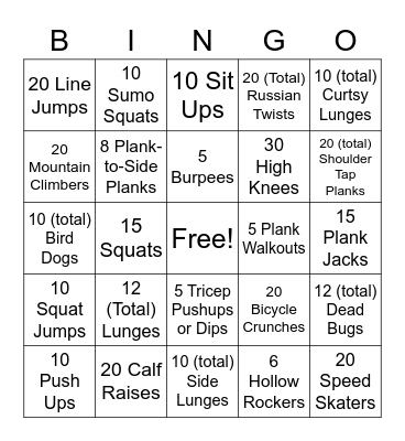 Fitness Bingo Card