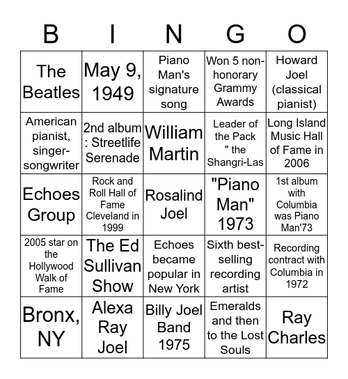 Billy Joel Bingo Card