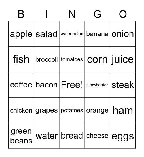 la comida Bingo Card