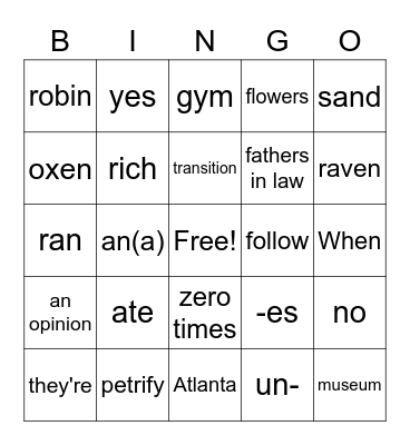 Reading Bingo Card