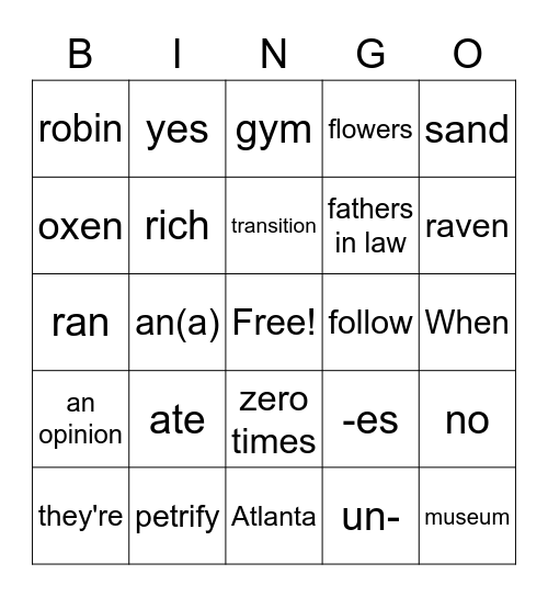 Reading Bingo Card