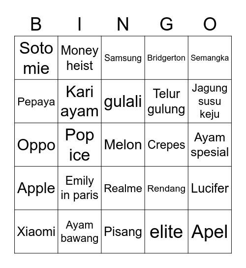 Lively. Bingo Card